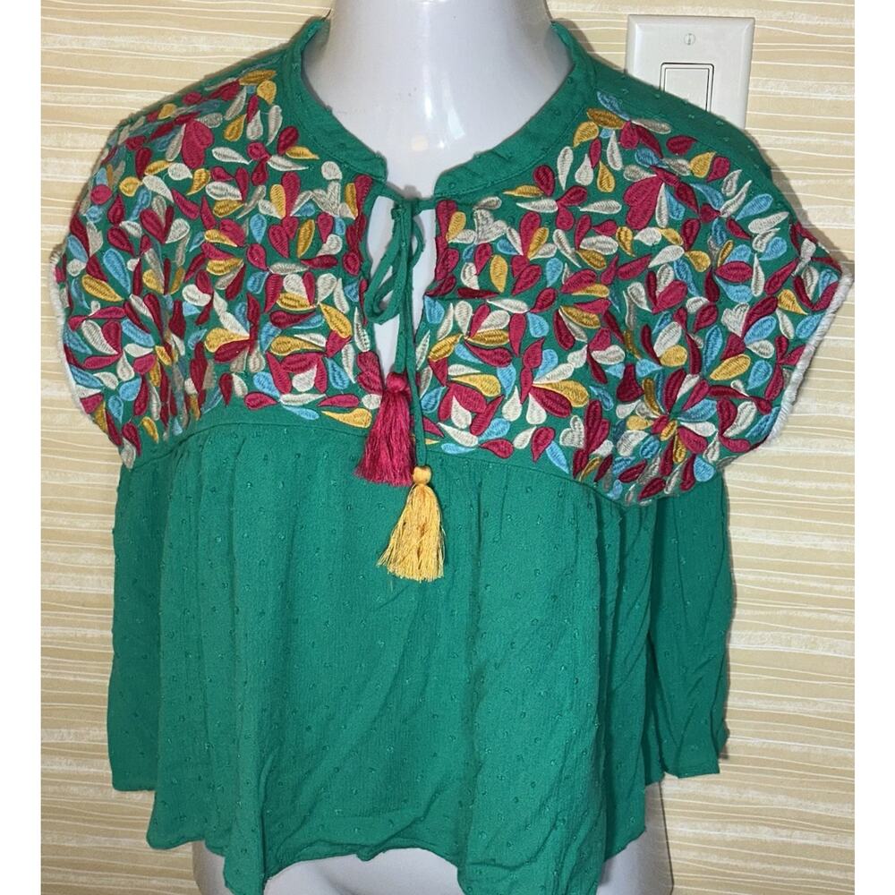 THML Green Embroidered Short Sleeve Bohemian Peasant Top Shirt M 0630